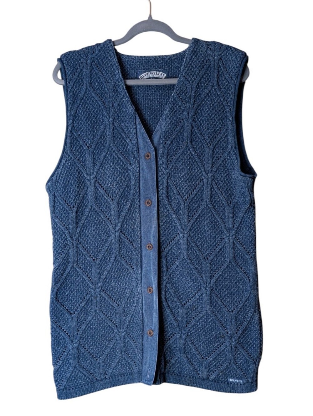 Vintage Blue Willi's Danish Indigo Cotton Cable Knit Vest Cottagecore Medium